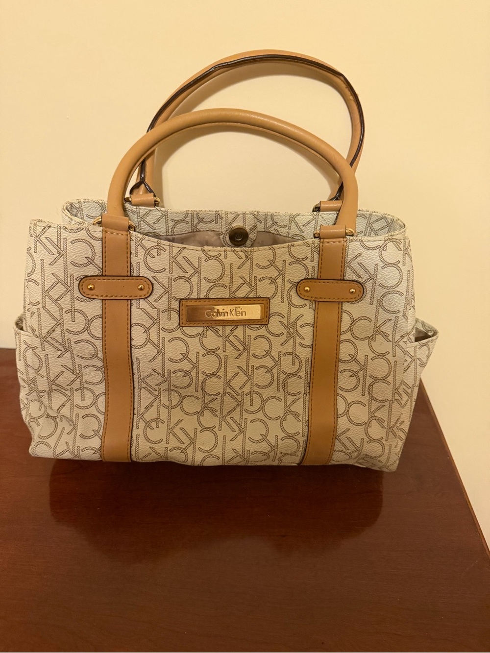 Calvin Klein Cream Logo Satchel with Tan Trim